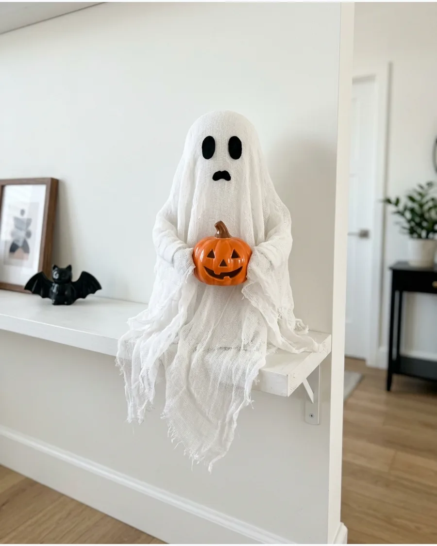 34. Cheesecloth Ghost Holding a Pumpkin