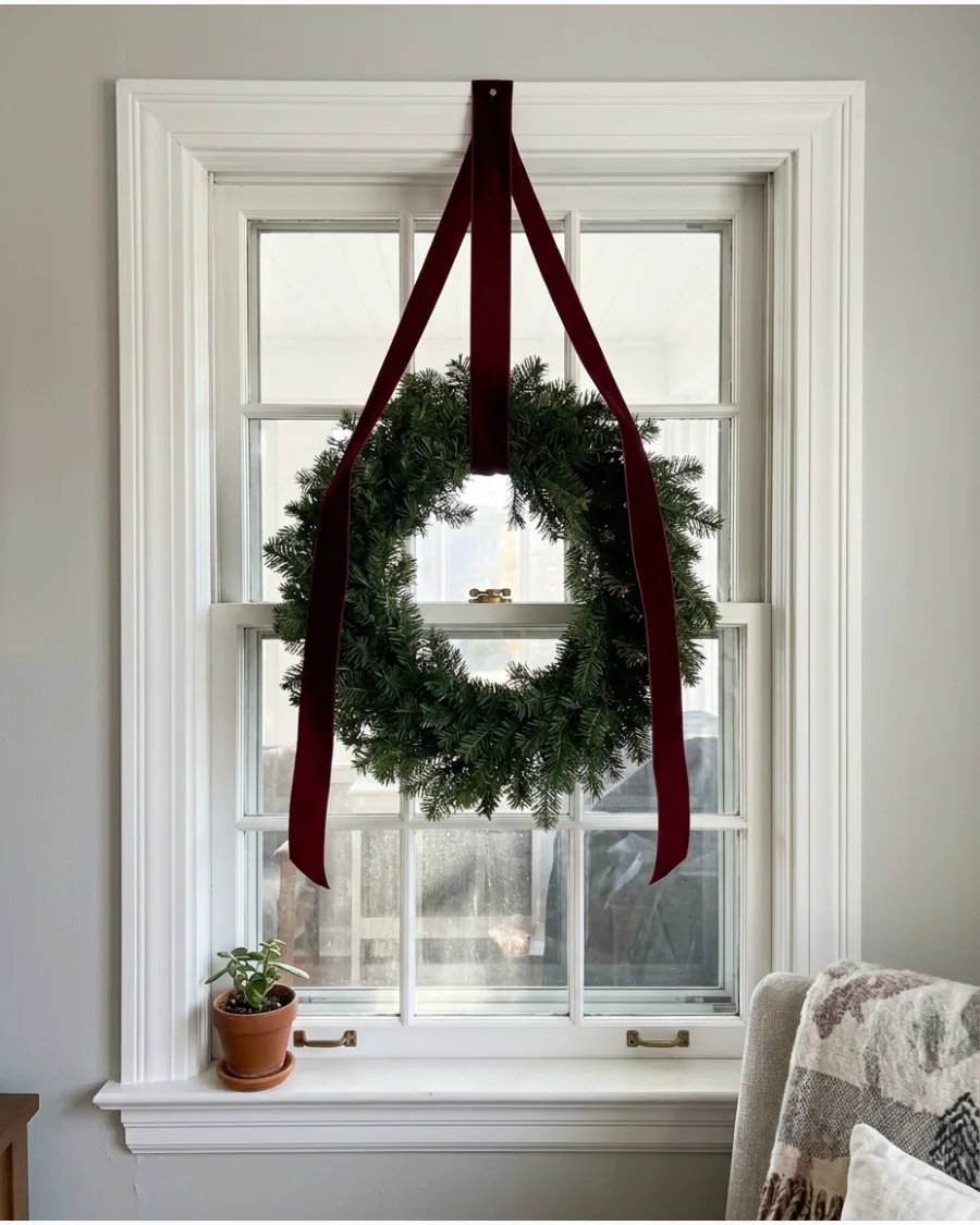 1. Centered Evergreen Wreath With Velvet Ribbon