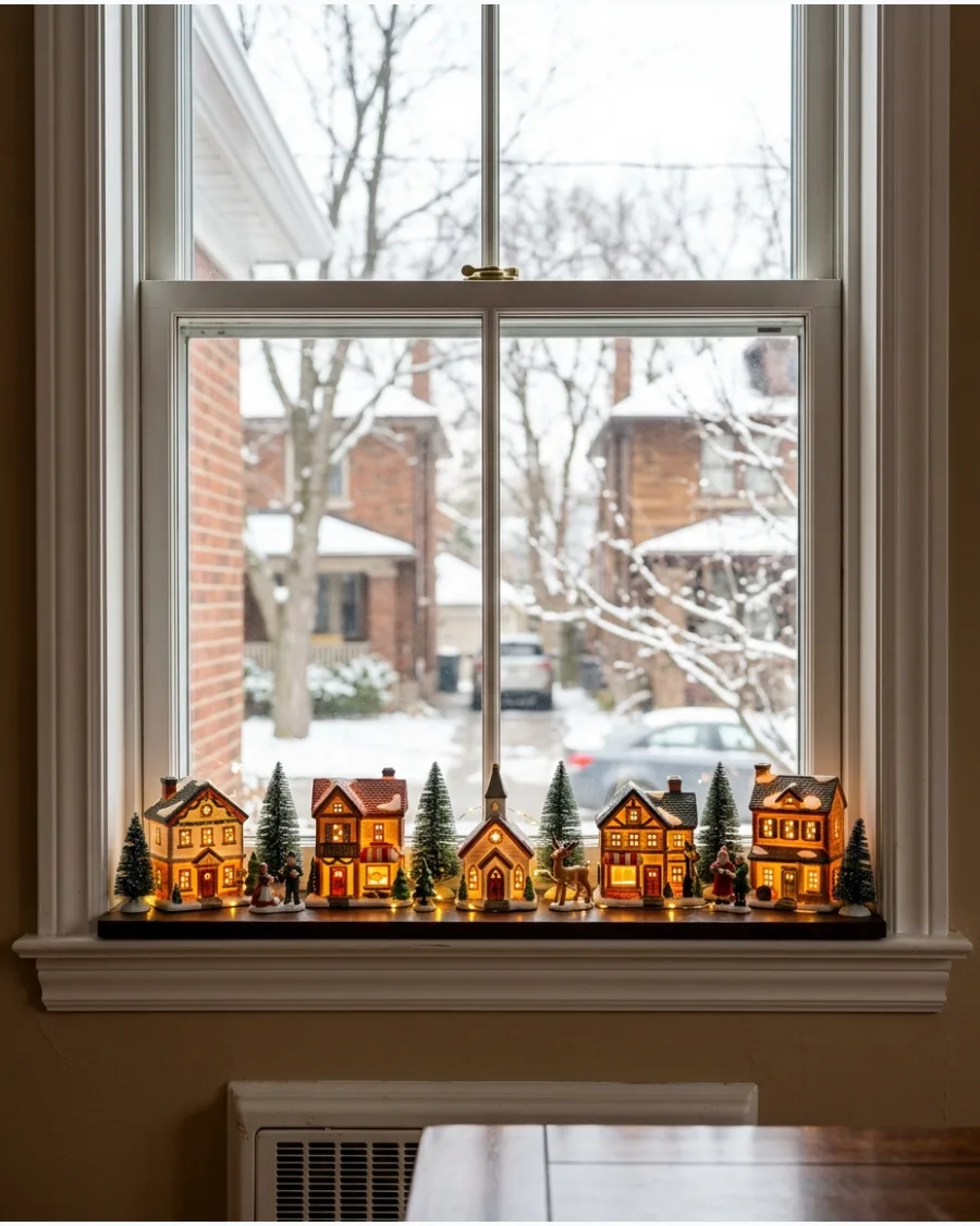 17. Glowing Christmas Village on the Windowsill