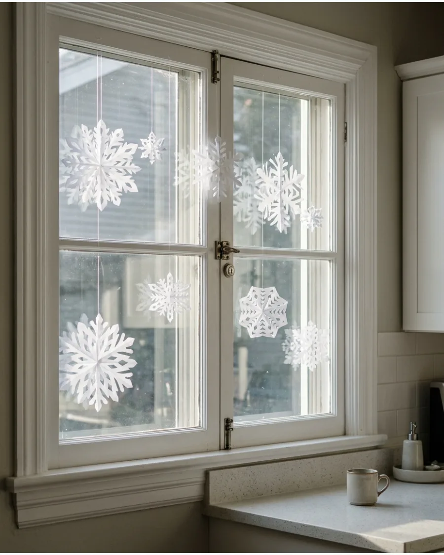 24. Paper Snowflakes Suspended From the Window