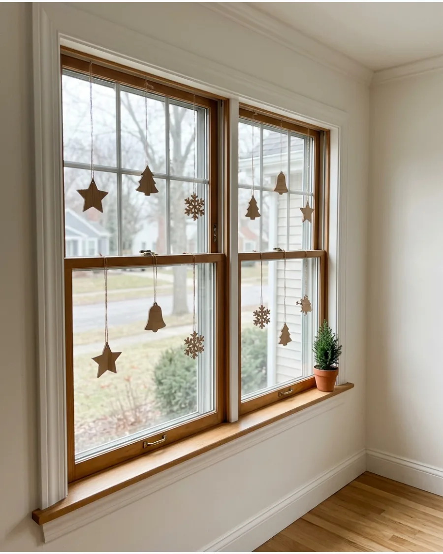 29. Wooden Christmas Ornaments Hanging in the Window