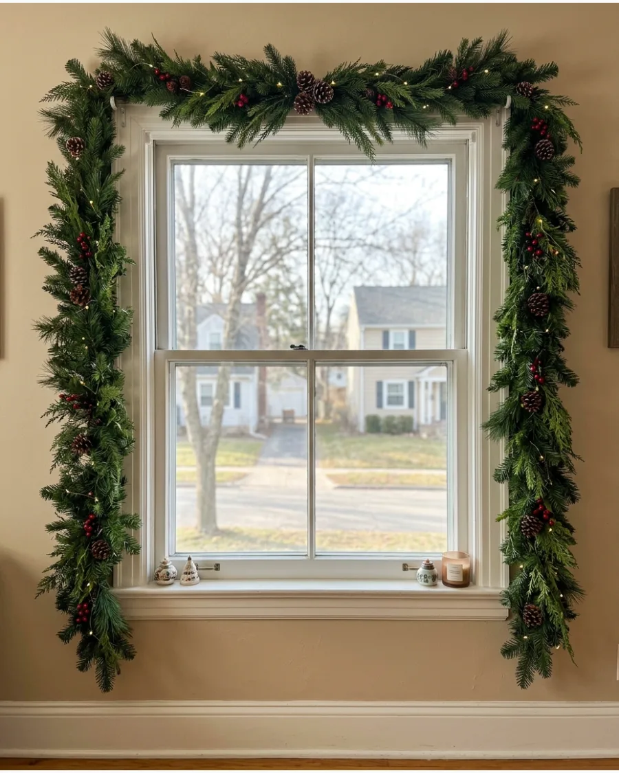 3. Christmas Garland Framing the Entire Window