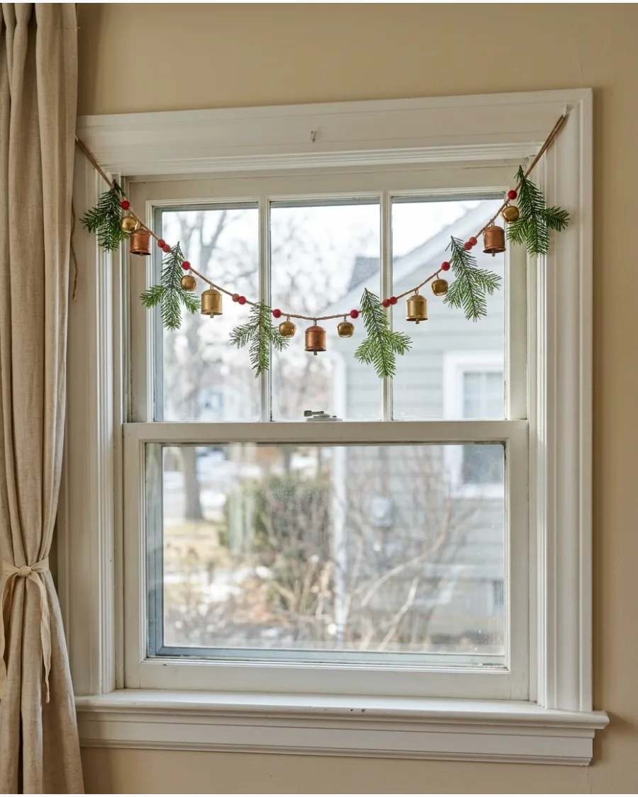 30. Christmas Bell Garland Hanging Across the Window