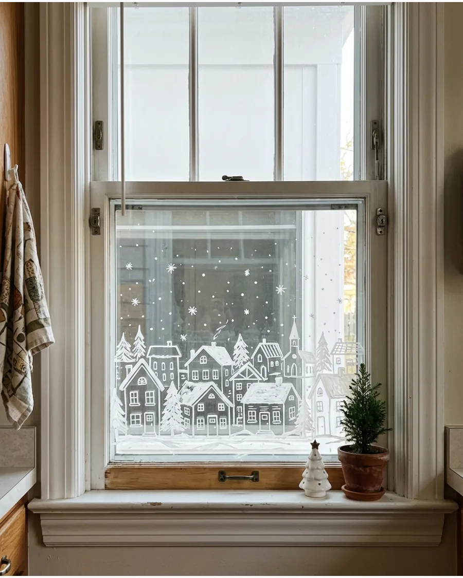 31. White Window-Paint Christmas Village