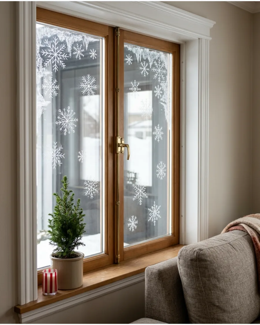 32. Hand-Drawn Snowflake Christmas Windows