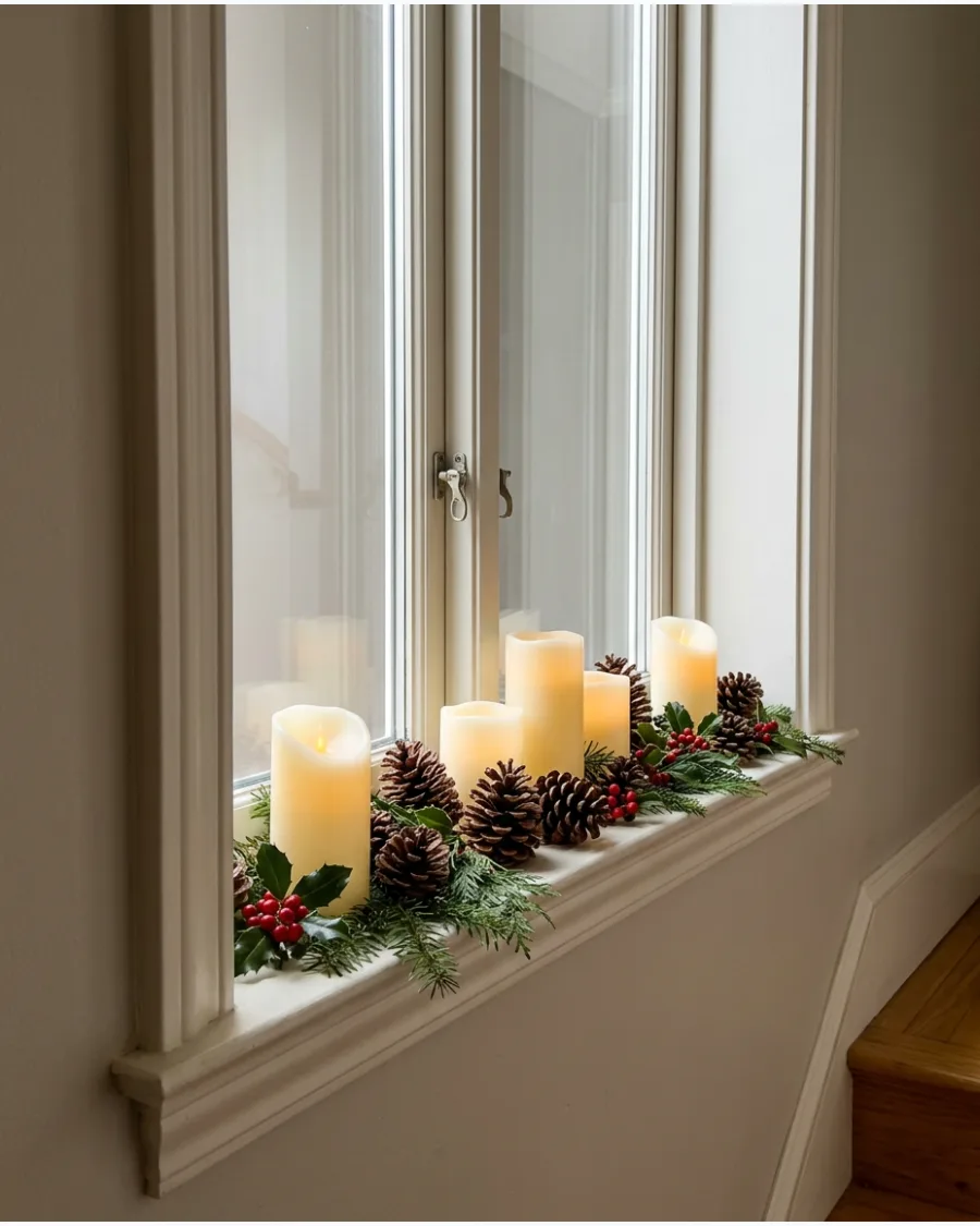 45. Christmas Windowsill With Candles and Pinecones