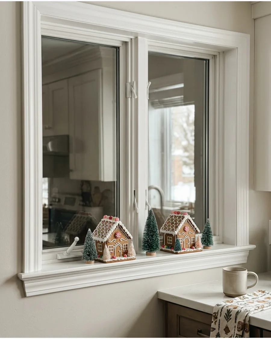47. Gingerbread Houses Along the Windowsill