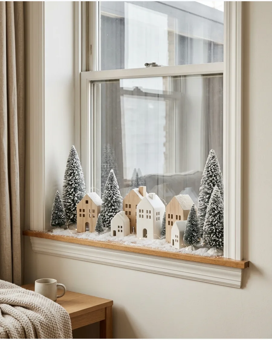 48. Neutral Christmas Village With Snowy Trees