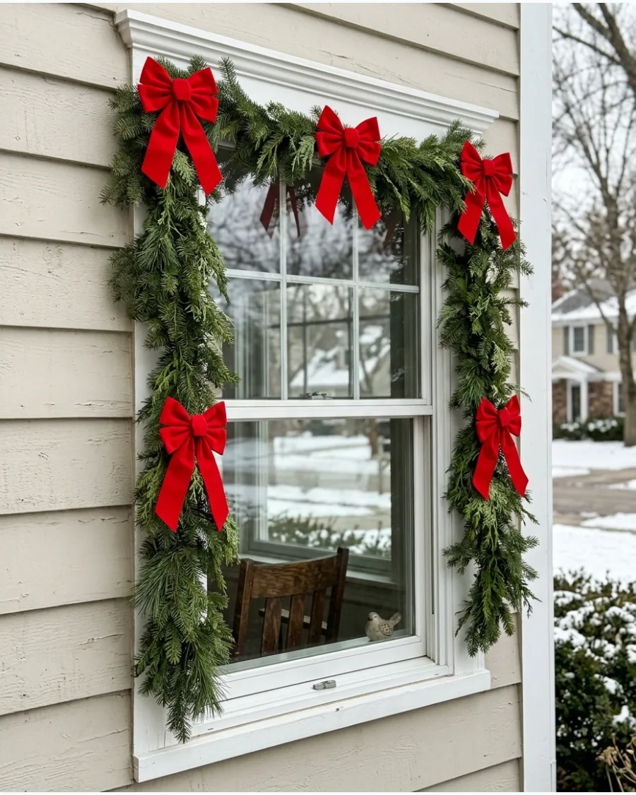 5. Evergreen Window Garland With Red Bows