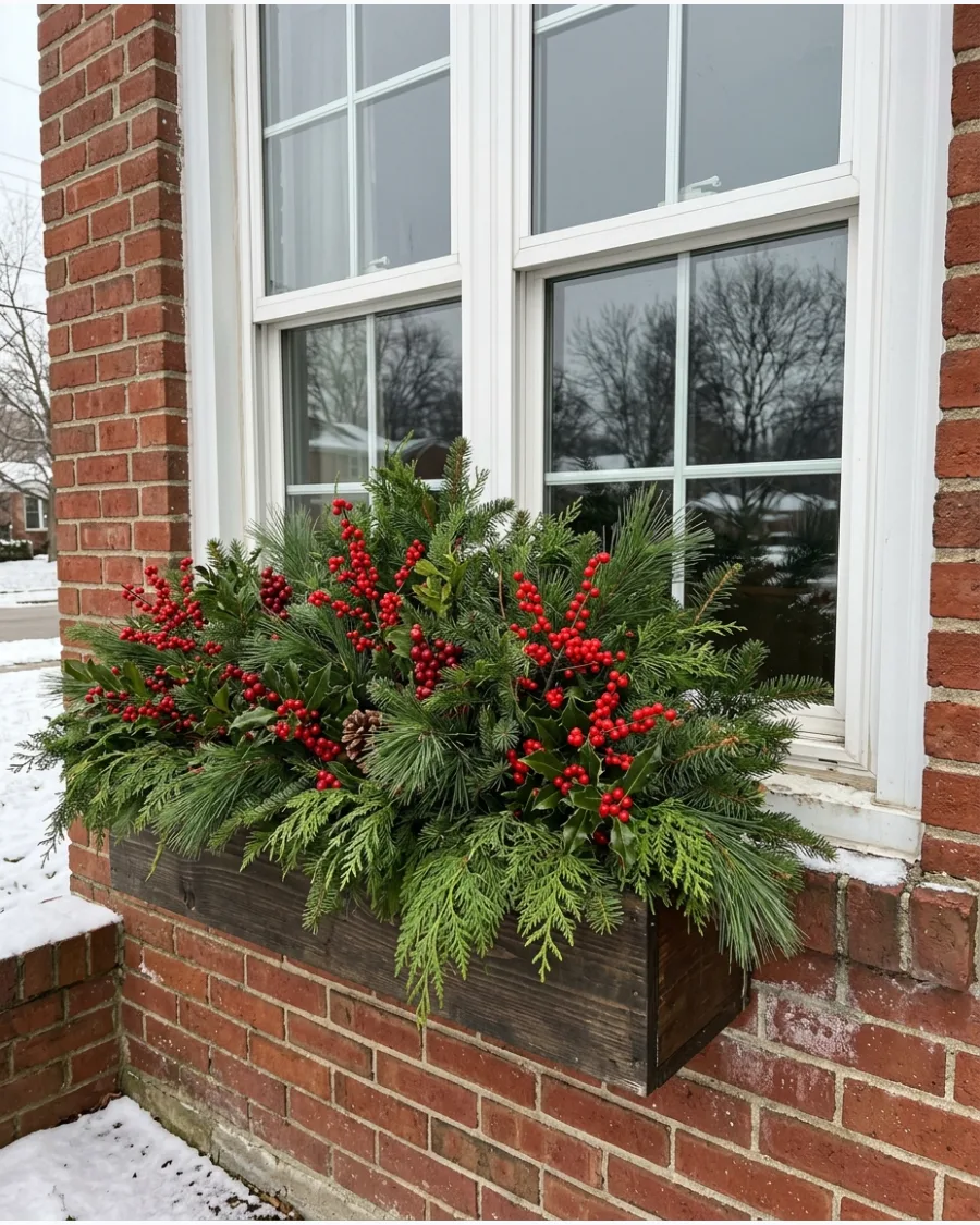 57. Evergreen Christmas Window Box With Red Berries