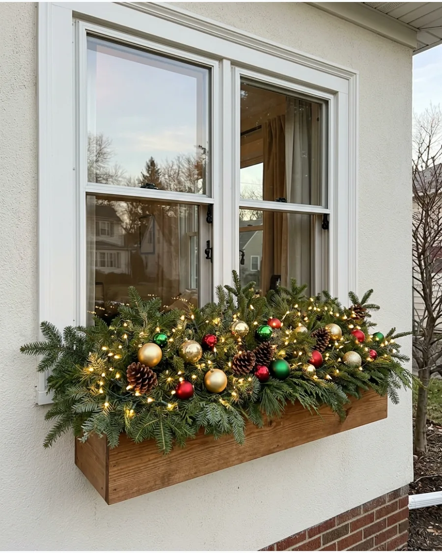 58. Lighted Christmas Window Box With Ornaments