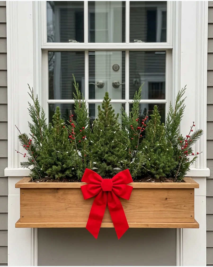 60. Christmas Window Box With Mini Trees and Oversized Bow