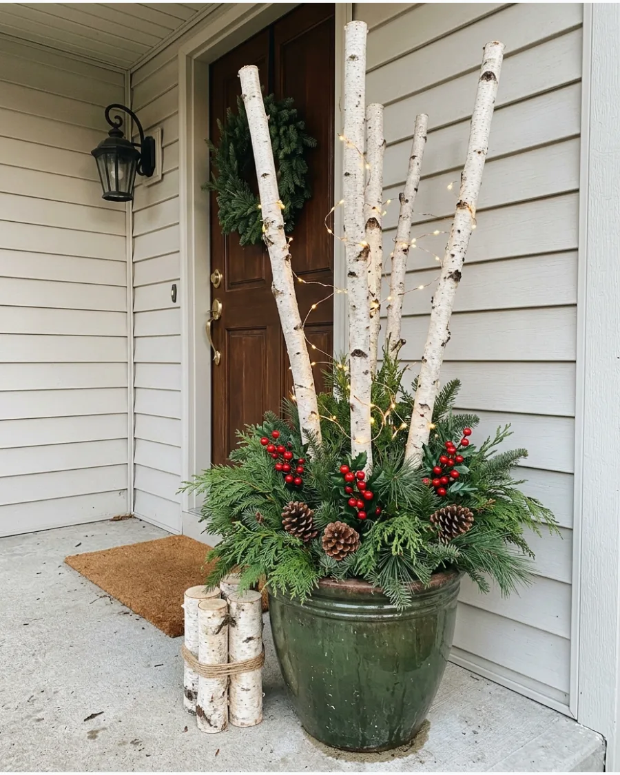 20. Birch Branch Christmas Porch Planters