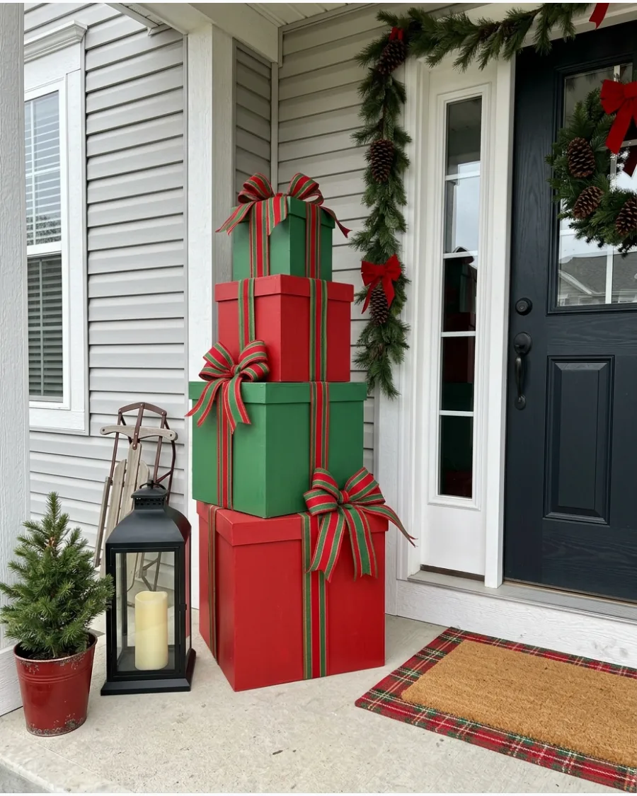 4. DIY Stacked Christmas Present Porch Display