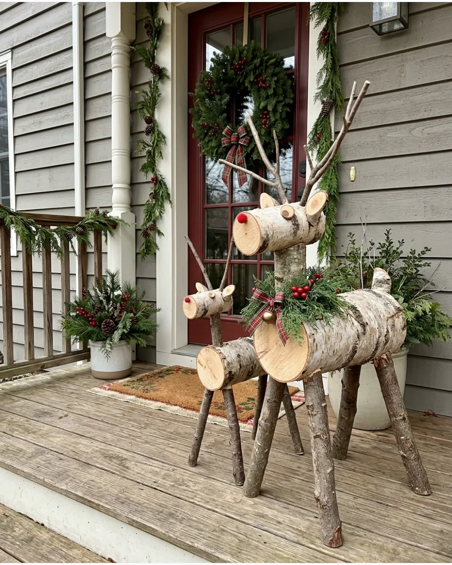 41. DIY Log Reindeer for the Front Yard