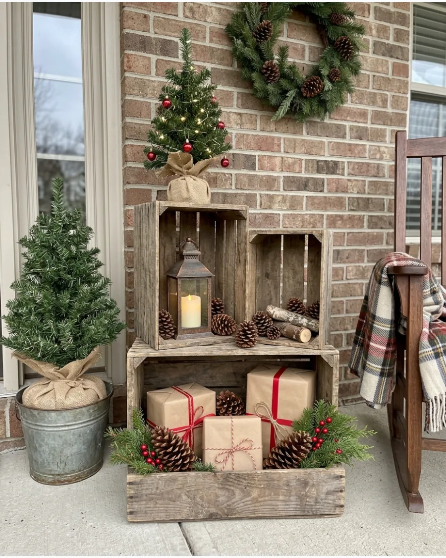 45. Christmas Crate and Evergreen Porch Display