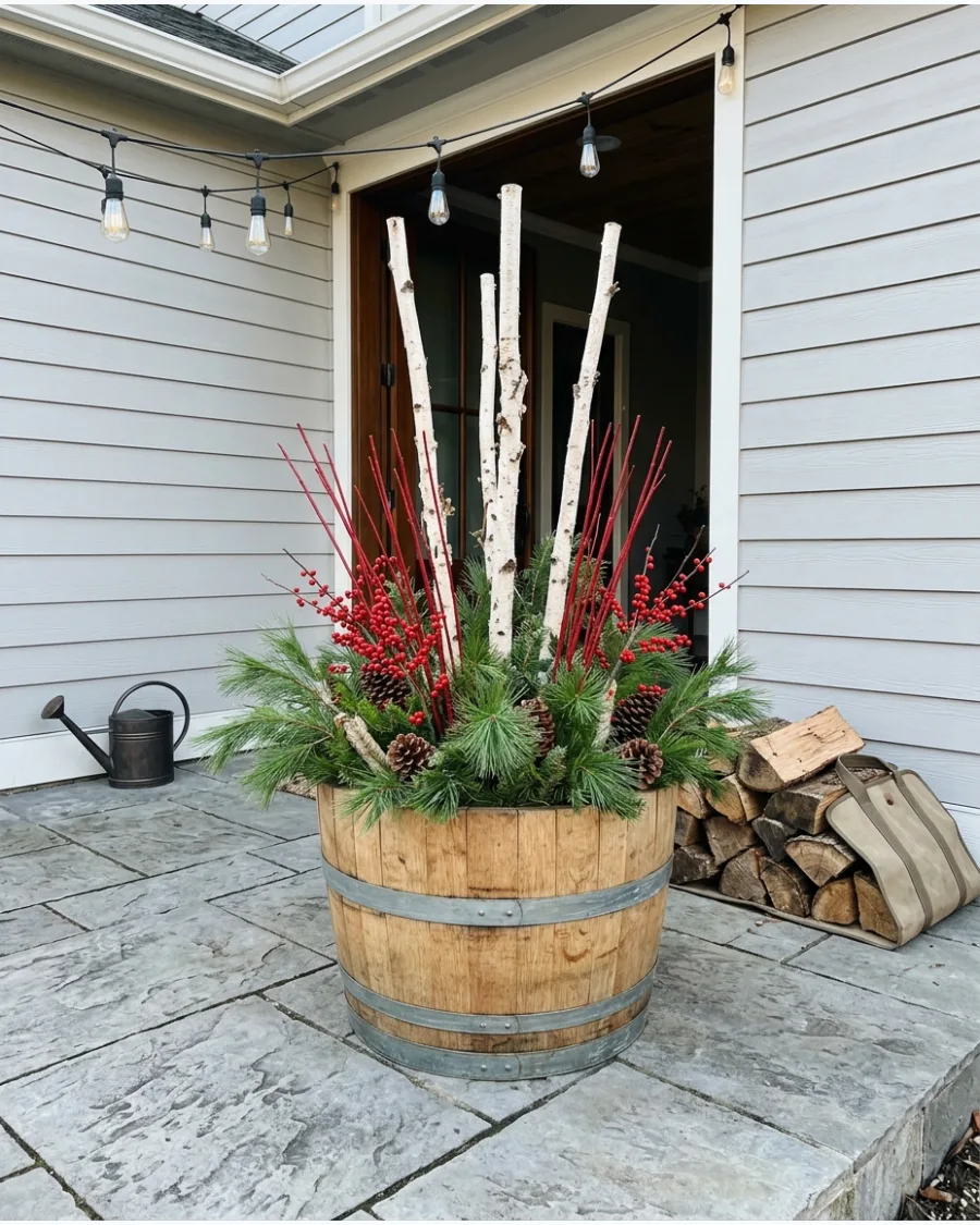46. Rustic Barrel Christmas Arrangement