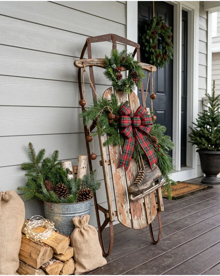 47. Vintage Sled Christmas Porch Decoration