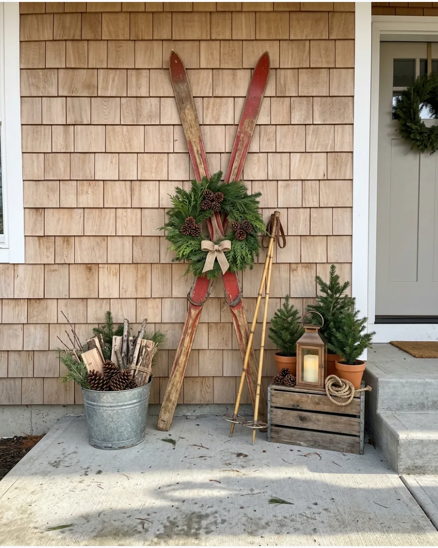 48. Vintage Ski Christmas Porch Display