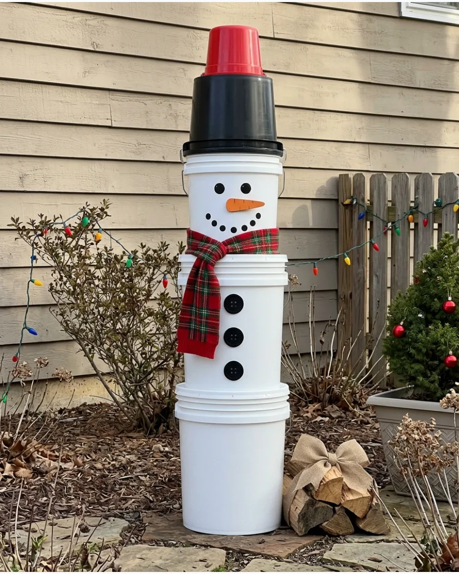 64. DIY Bucket Snowman Stack