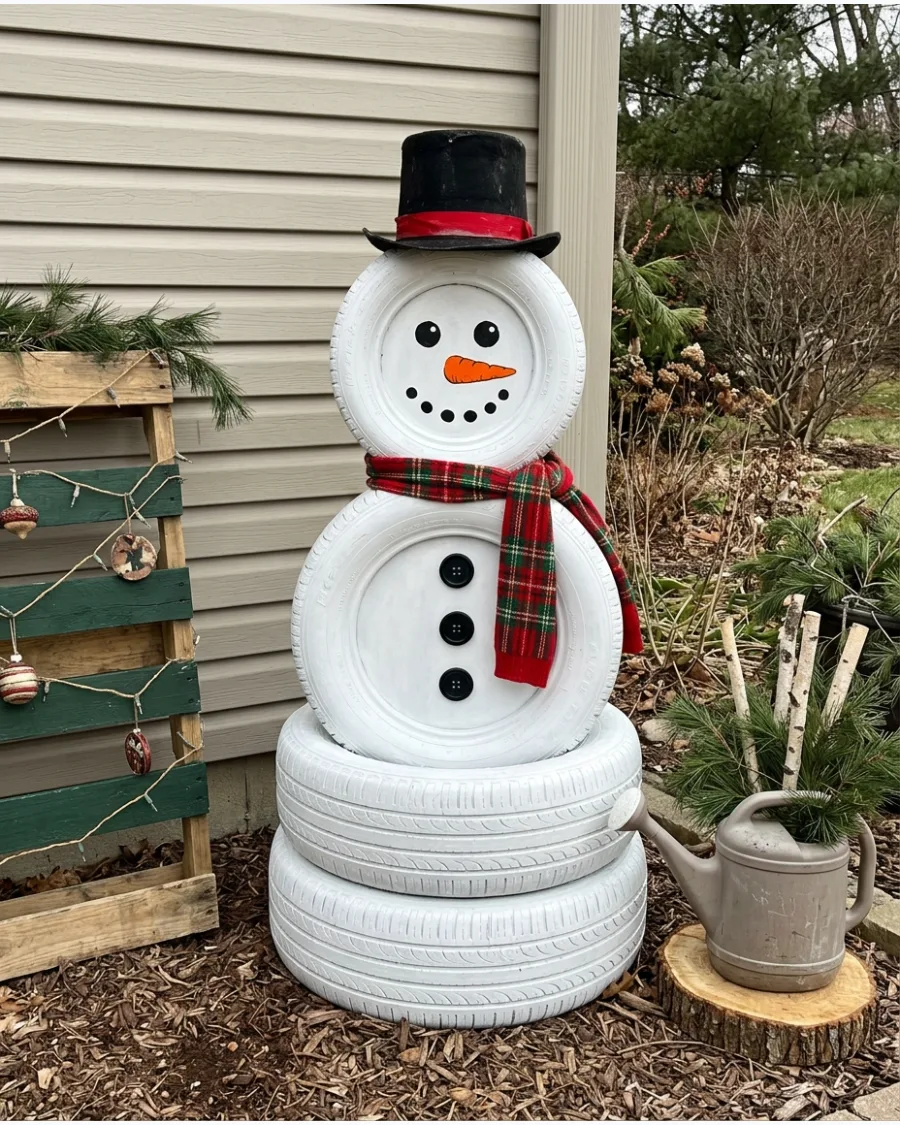 67. Upcycled Tire Christmas Snowman