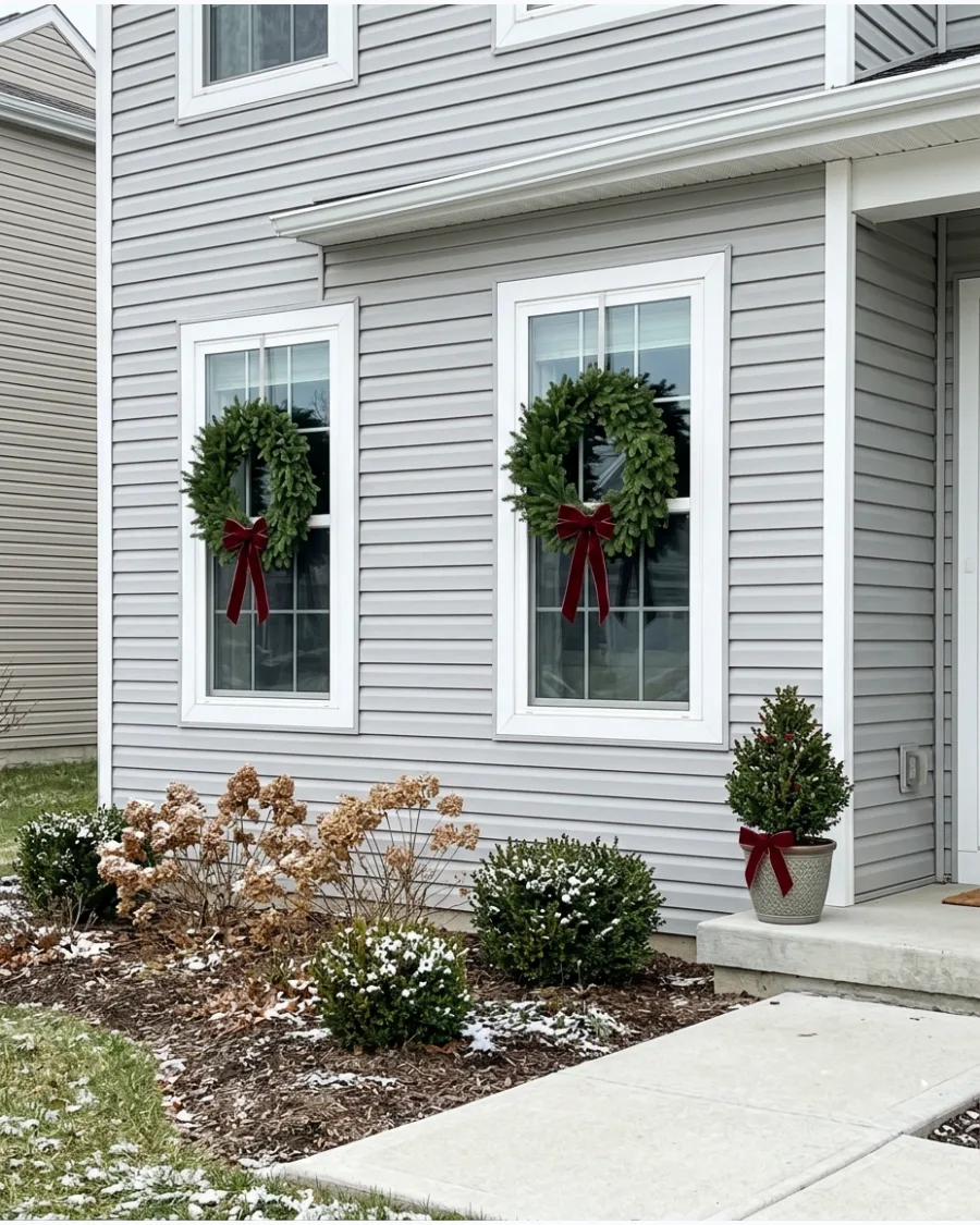 77. Matching Christmas Wreaths on Front Windows