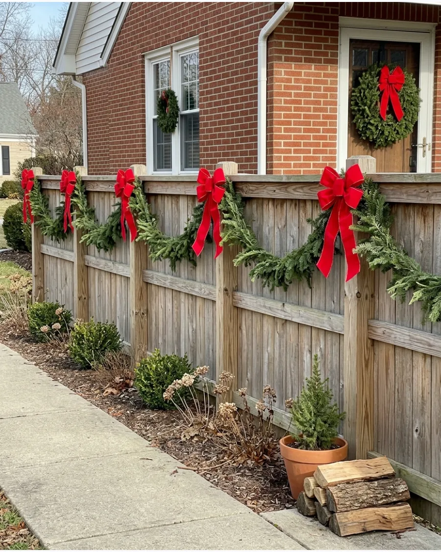 78. Christmas Fence With Red Bows and Greenery