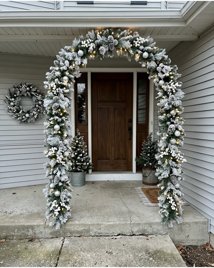 81. Frosted Evergreen Christmas Entry Arch