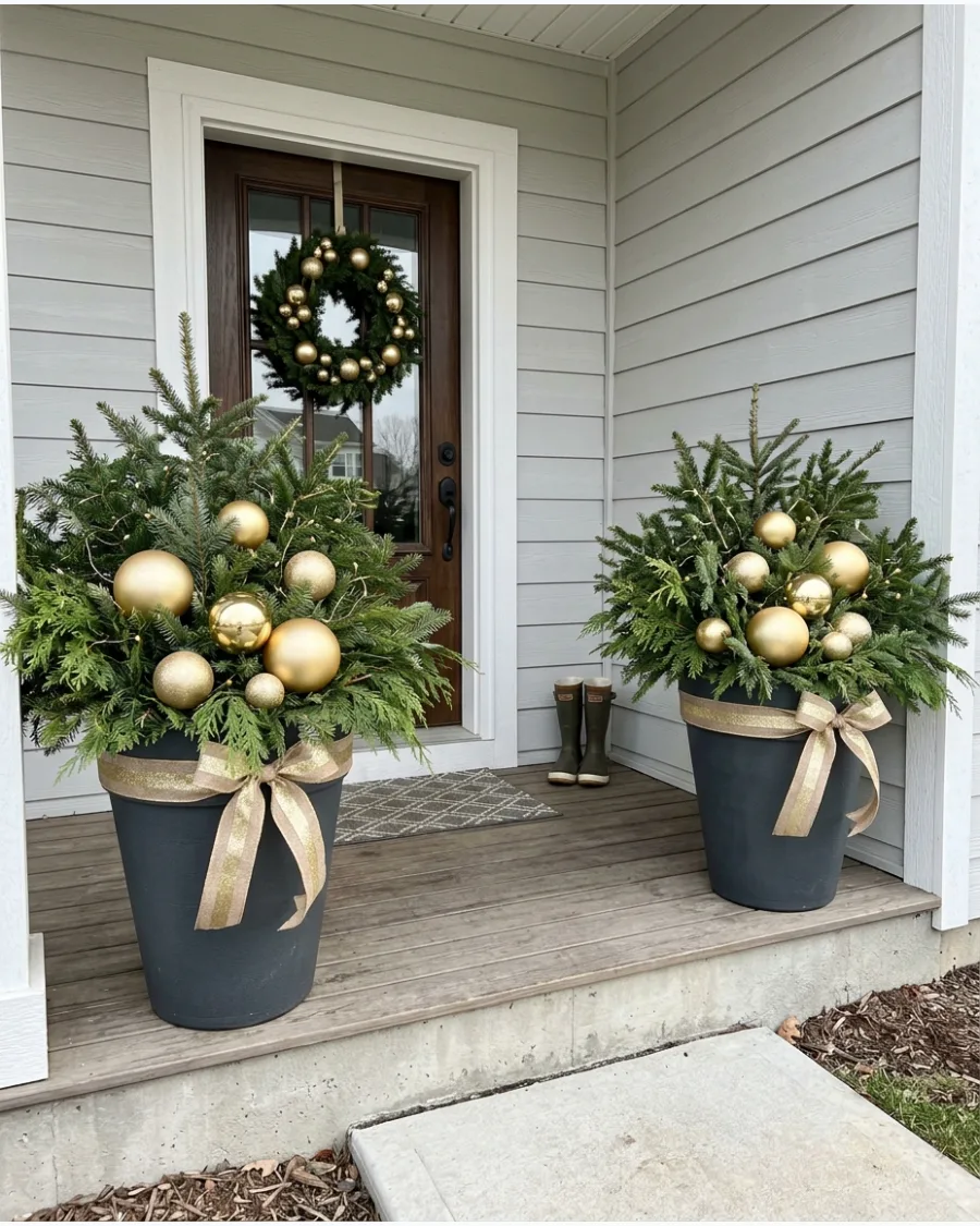 87. Gold and Evergreen Christmas Planters