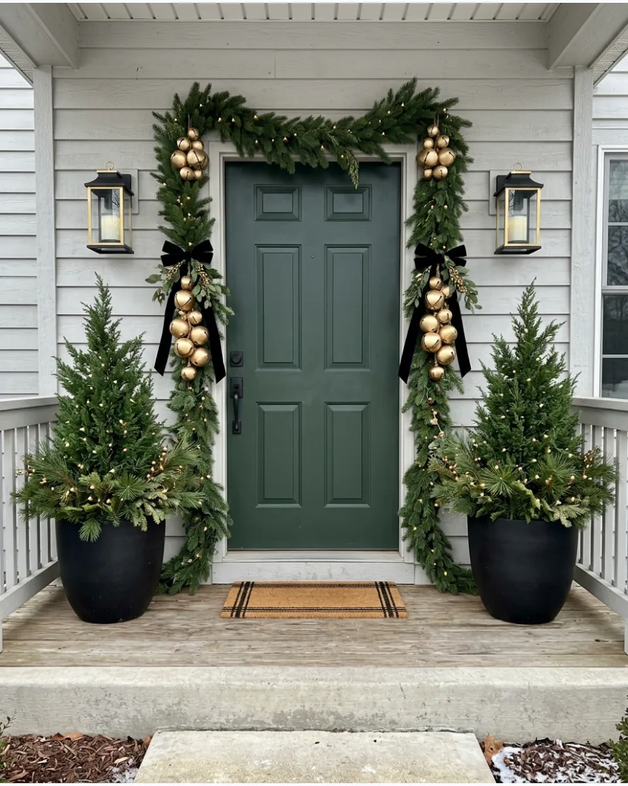 88. Black, Green, and Gold Christmas Porch