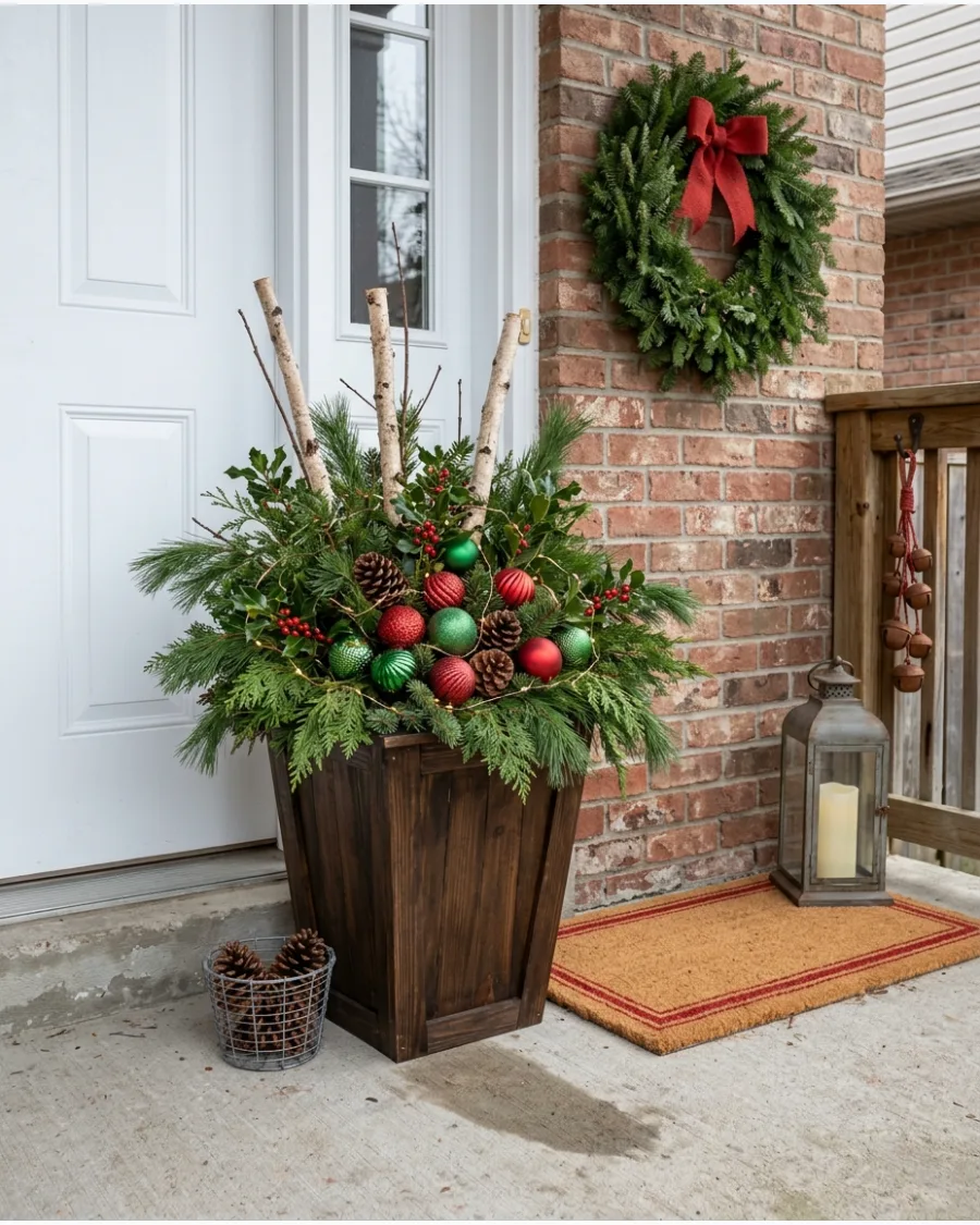 92. Small Porch Christmas Planter Display