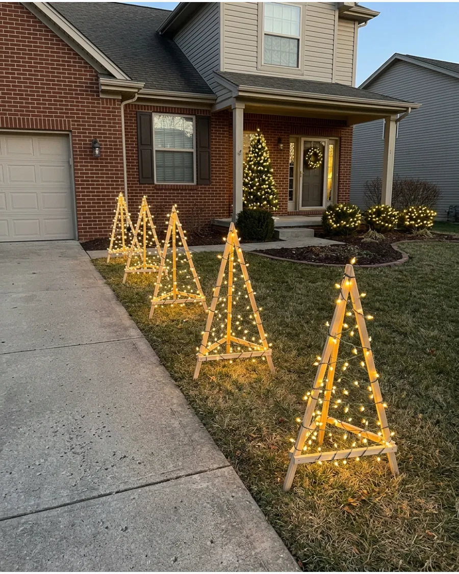 96. DIY Lighted Christmas Trees Along the Driveway