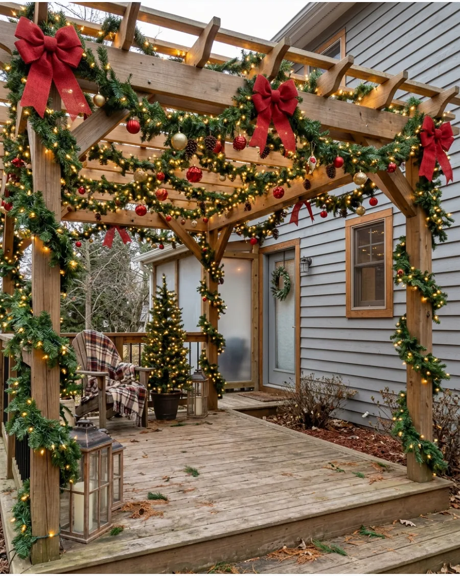 98. Christmas Pergola Light and Greenery Canopy