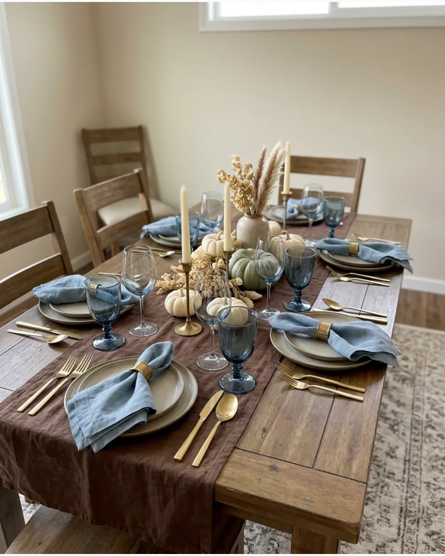 16. Blue and Brown Friendsgiving Table