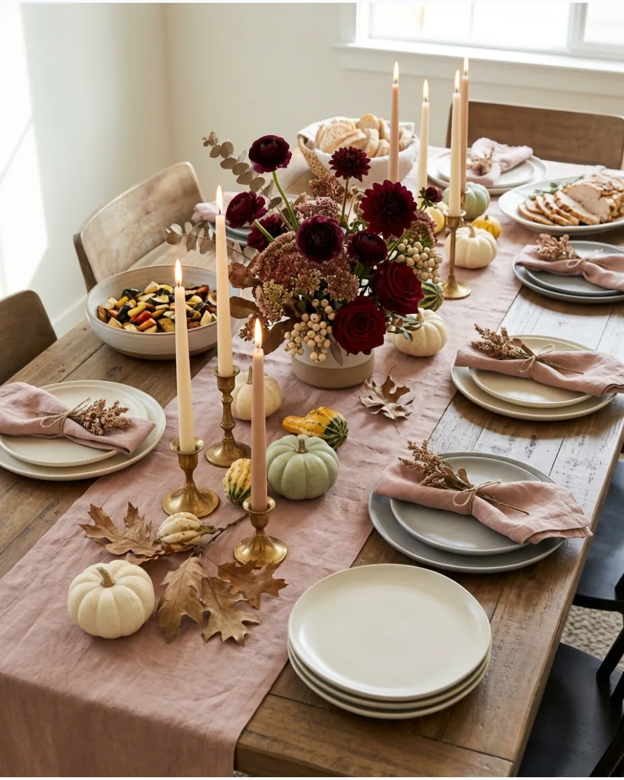 3. Burgundy and Blush Friendsgiving Tablescape