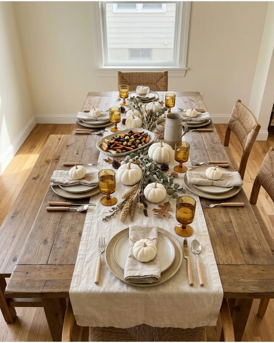 4. Neutral Friendsgiving Table With White Pumpkins