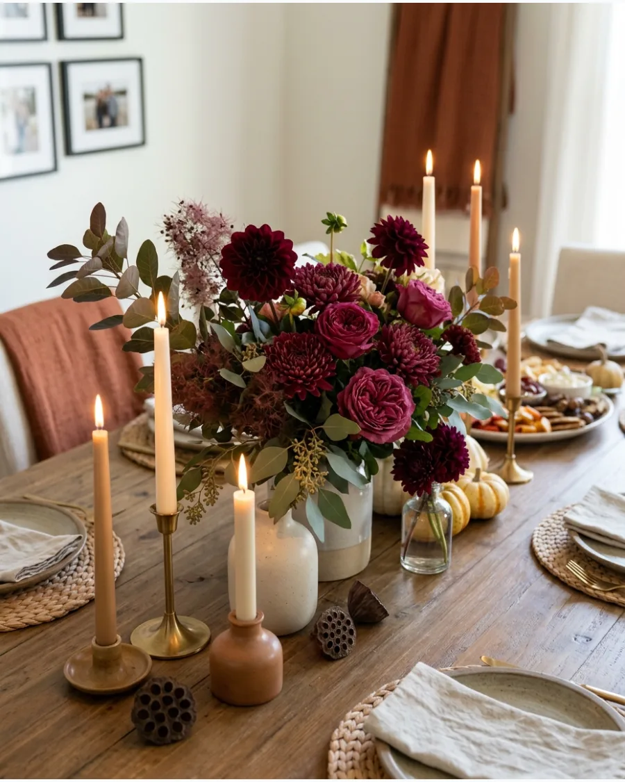 42. Burgundy Floral Friendsgiving Centerpiece