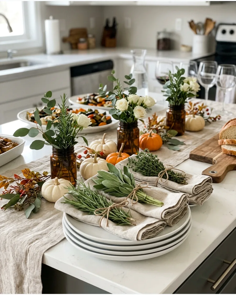 46. Fresh Herb Friendsgiving Table Decor