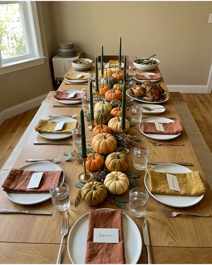 52. Pumpkin and Candle Friendsgiving Centerpiece