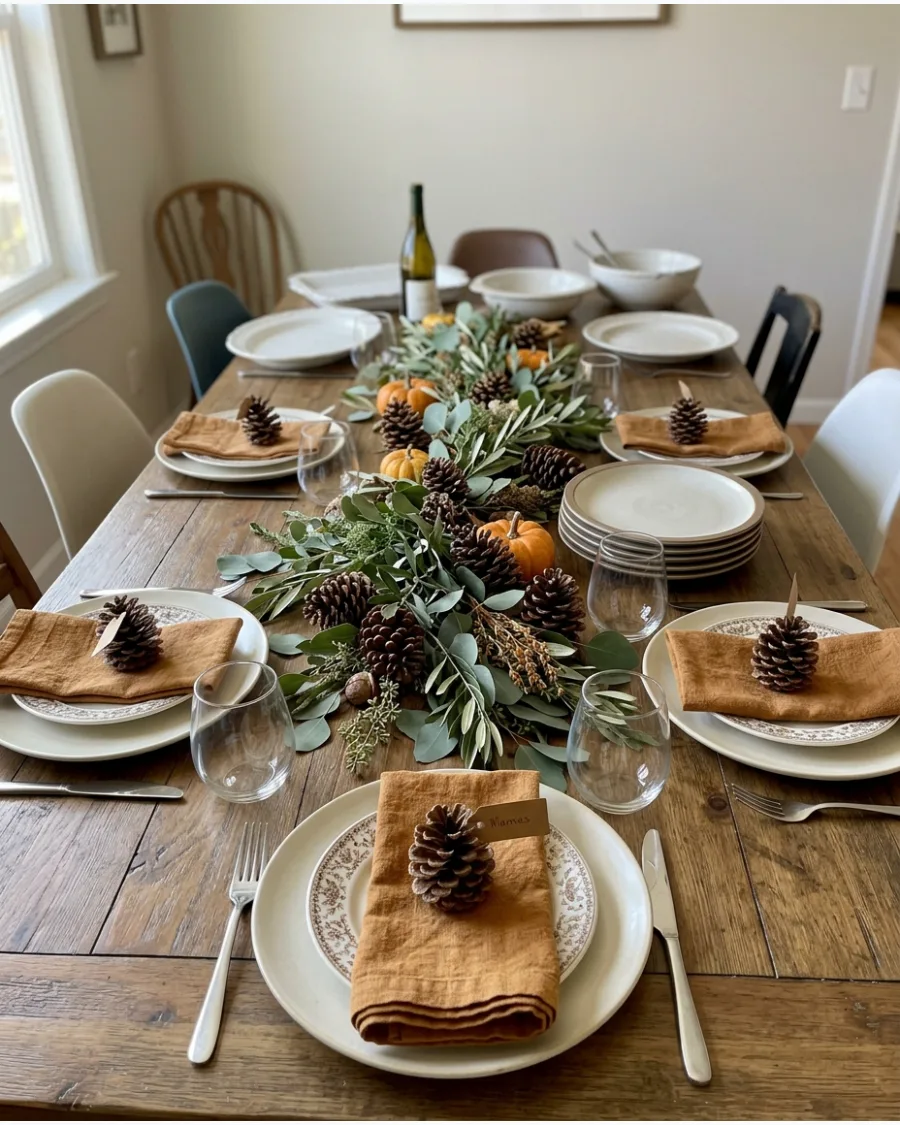 60. Pinecone Friendsgiving Table Decor