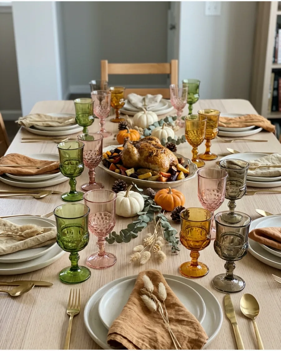 69. Colored Glassware Friendsgiving Tablescape