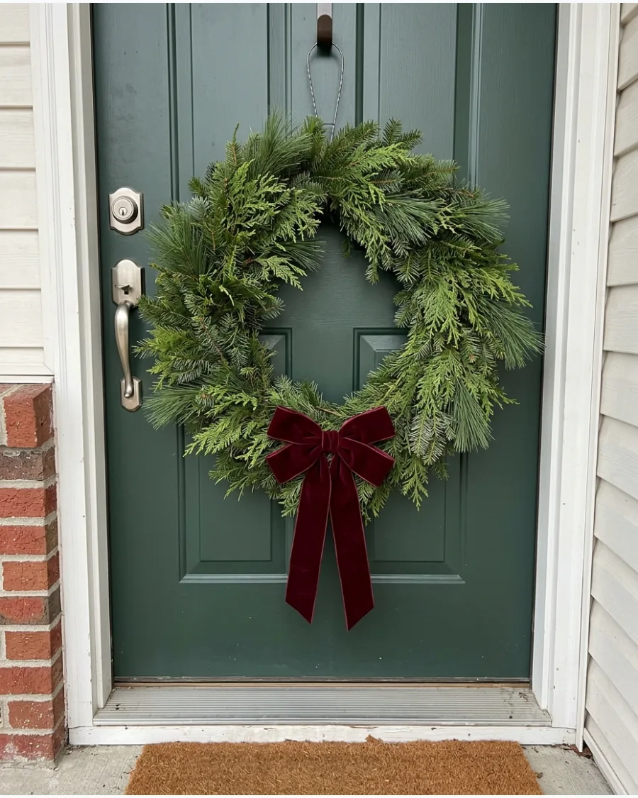 1. DIY Oversized Evergreen Wreath With Velvet Bow