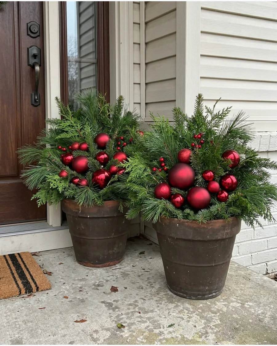 14. DIY Red Ornament Christmas Porch Pots