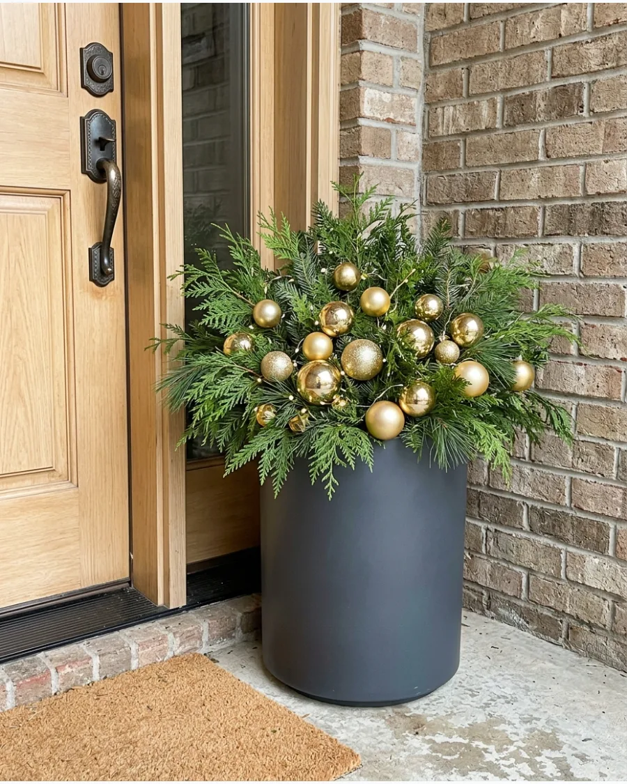 15. DIY Gold Ornament Evergreen Planters