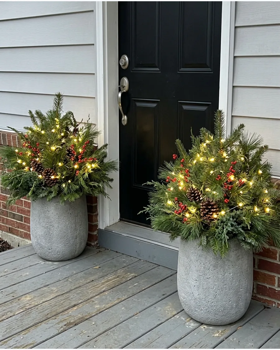 20. DIY Lighted Christmas Porch Planters