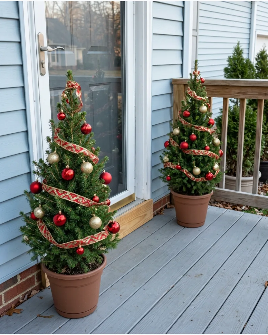 27. DIY Red and Gold Porch Christmas Trees