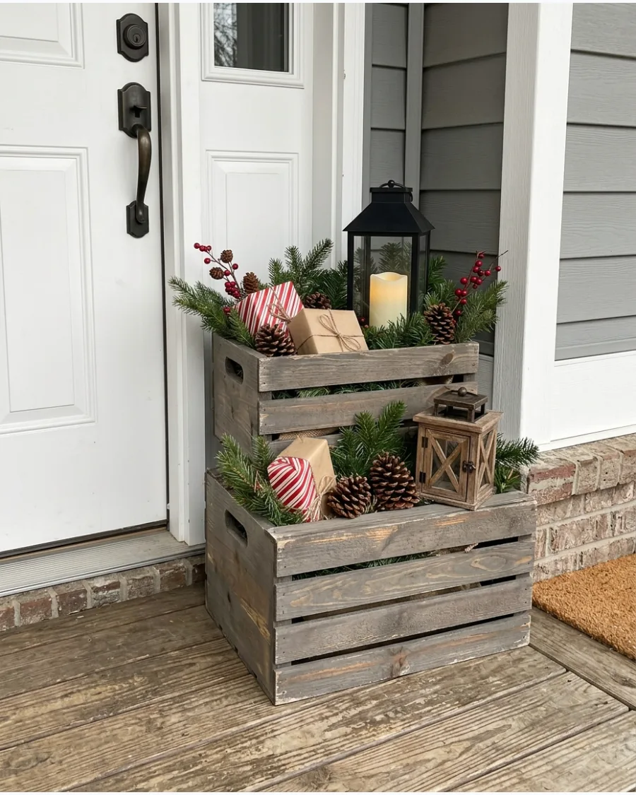 33. DIY Stacked Wooden Crate Christmas Display