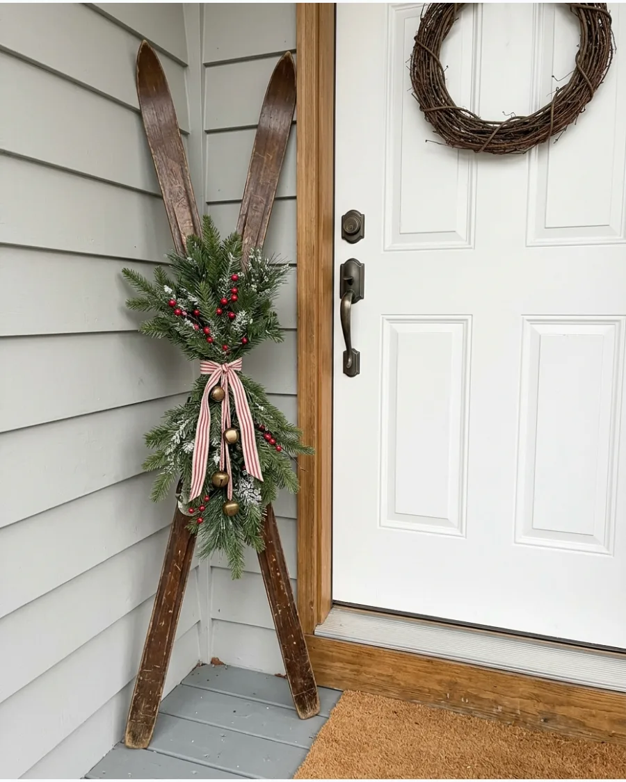 35. DIY Vintage Ski Porch Decoration