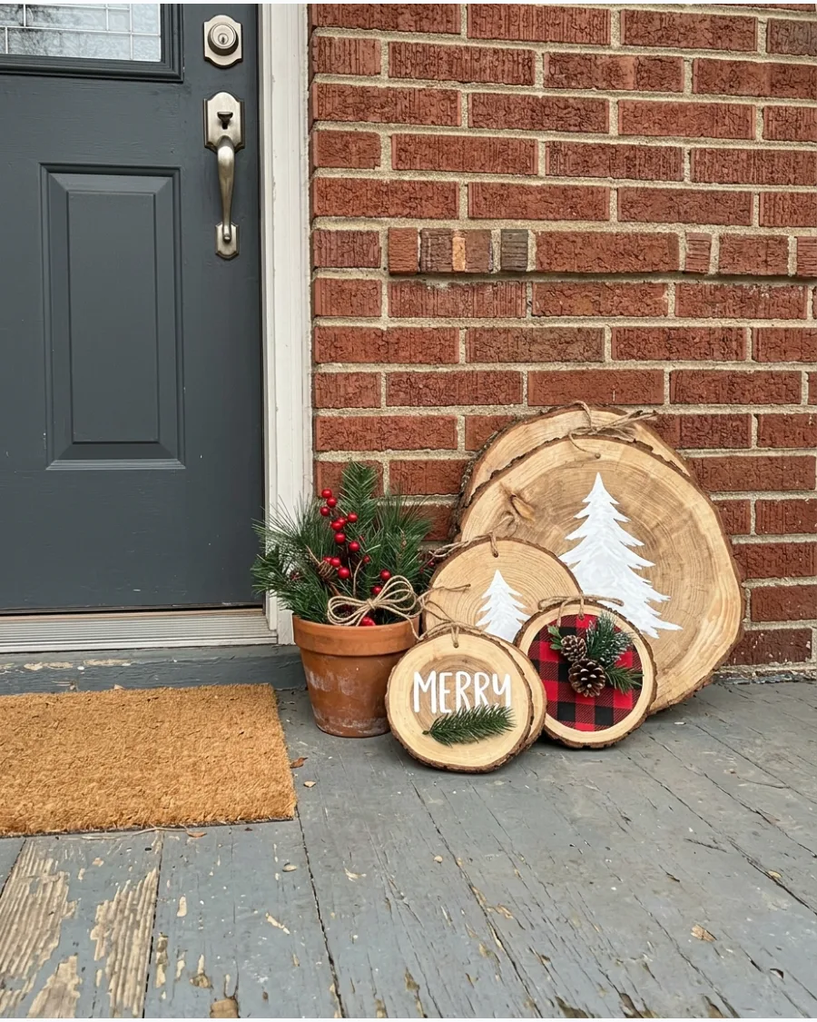 38. DIY Wood Slice Christmas Porch Decorations