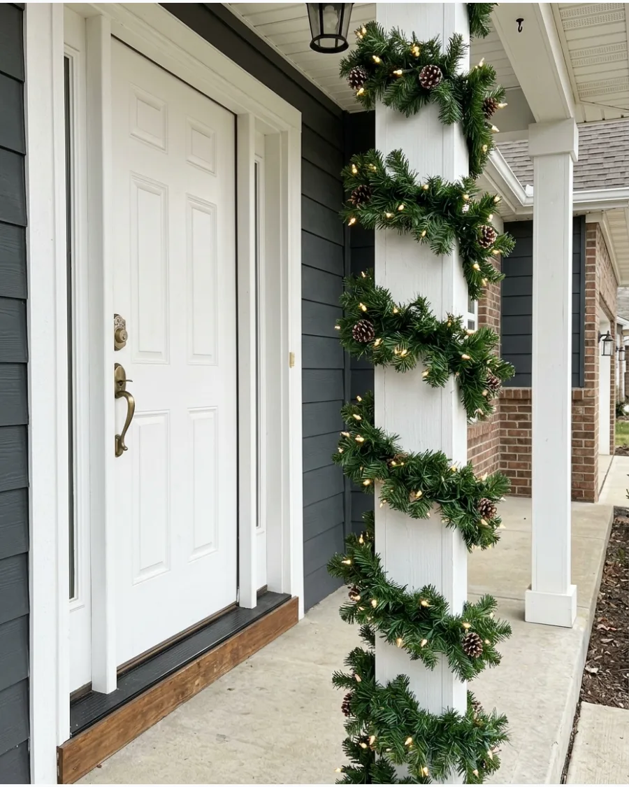 43. DIY Lighted Garland Around Porch Columns
